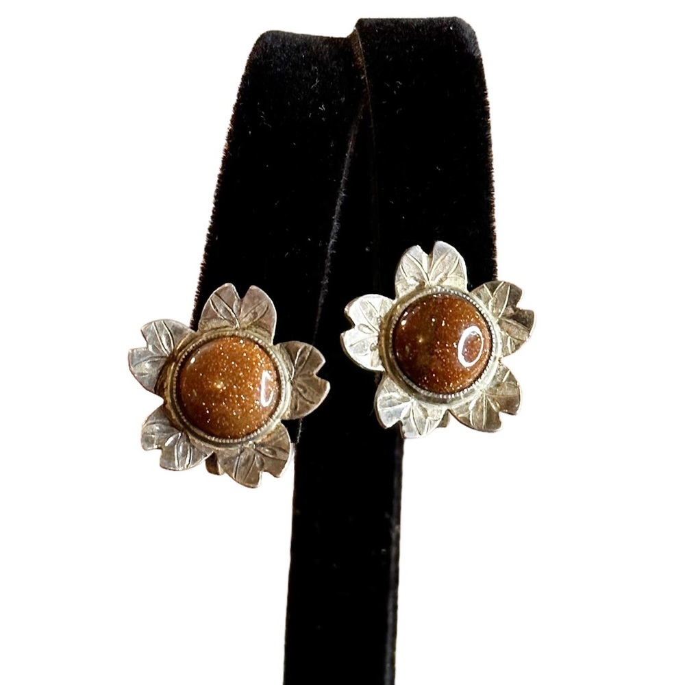 Antique Vintage Sterling Silver Goldstone Flower Screw Back Earrings